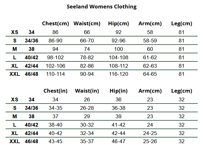 2025 Seeland Womens Clothing 2A  Size Chart